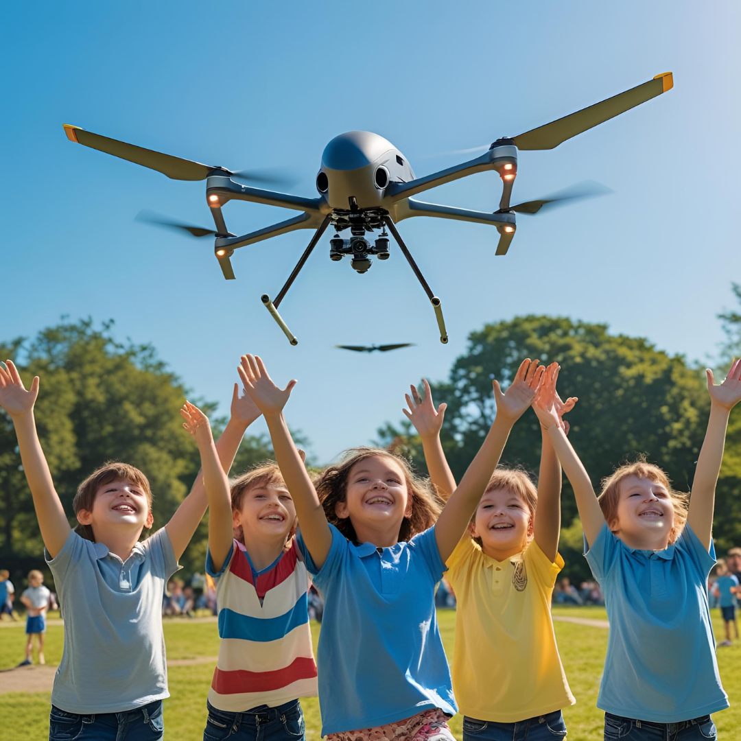 Drone flying above children - example of unsafe distance